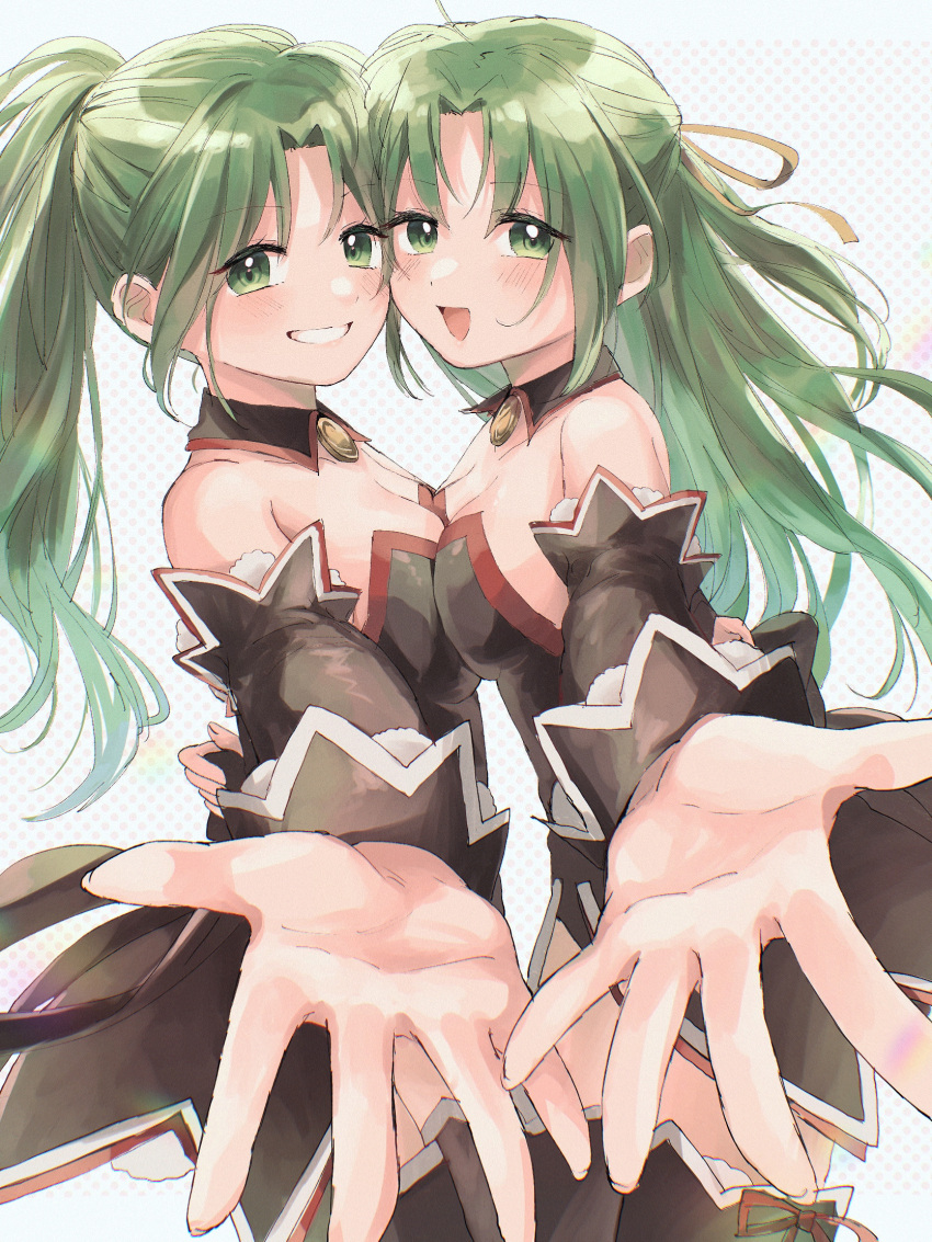 2girls black_dress black_thighhighs breast_squeeze breasts detached_collar detached_sleeves dress green_eyes green_hair highres higurashi_no_naku_koro_ni light_blush long_hair long_sleeves looking_at_viewer medium_breasts morisata multiple_girls open_mouth outstretched_hand patterned_background ponytail red_ribbon ribbon smile sonozaki_mion sonozaki_shion teeth thighhighs very_long_hair wrist_cuffs yellow_ribbon