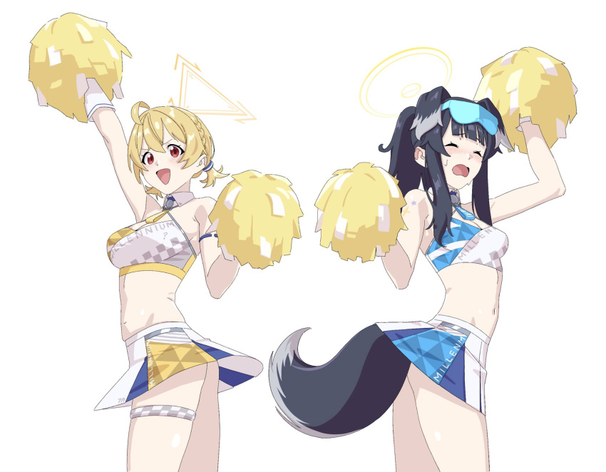 2girls ahoge animal_ears ass bangs bare_shoulders black_hair blonde_hair blue_archive blush braid breasts cheering cheerleader closed_eyes cowboy_shot crop_top dog_ears dog_girl dog_tail goggles goggles_on_head halo hibiki_(blue_archive) hibiki_(cheerleader)_(blue_archive) highres holding kotori_(blue_archive) kotori_(cheerleader)_(blue_archive) large_breasts long_hair looking_at_viewer multiple_girls navel official_alternate_costume open_mouth pom_pom_(cheerleading) red_eyes simple_background skirt smile sweatdrop tail twintails ult_one white_background white_skirt