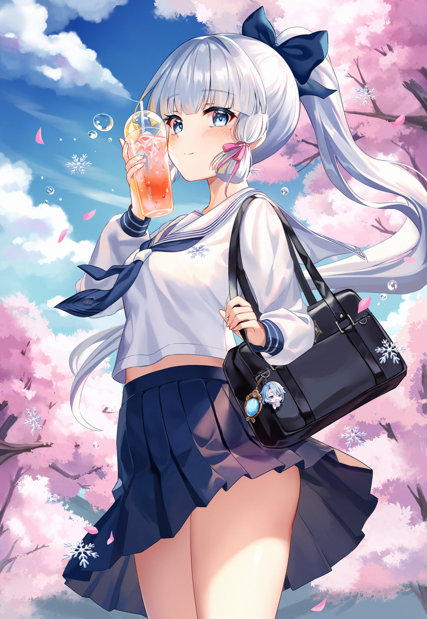1girl absurdres bag bangs black_bag black_sailor_collar black_skirt blue_eyes blue_neckerchief blue_sky blunt_bangs blunt_tresses blush breasts bubble cherry_blossoms closed_mouth clothes_lift cloud commentary_request crop_top cup day disposable_cup drink drinking_straw falling_petals floating_hair flower_knot genshin_impact hair_ribbon hand_up highres holding holding_cup holding_drink kamisato_ayaka kamisato_ayaka_(heytea) kamisato_ayato lalazyt long_hair long_sleeves looking_at_viewer midriff mole mole_under_eye neckerchief official_alternate_costume outdoors petals pink_ribbon pleated_skirt ponytail ribbon sailor_collar school_bag school_uniform serafuku shirt shoulder_bag sidelocks skirt skirt_lift sky small_breasts smile snowflakes solo standing thighs tree tress_ribbon water_drop white_hair white_sailor_collar white_shirt wind wind_lift
