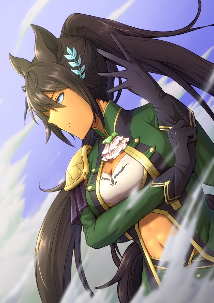 1girl 417_(shiina) adjusting_clothes adjusting_gloves animal_ears ascot bangs belt black_belt black_gloves black_hair blue_eyes breasts cleavage closed_mouth clothing_cutout commentary_request dark-skinned_female dark_skin gloves green_jacket green_shorts hair_between_eyes hand_up highres horse_ears horse_girl horse_tail jacket long_hair long_sleeves medium_breasts navel navel_cutout partial_commentary partially_unbuttoned ponytail shirt shorts sidelocks single_shoulder_pad solo standing symboli_kris_s_(umamusume) tail tassel toned umamusume white_ascot