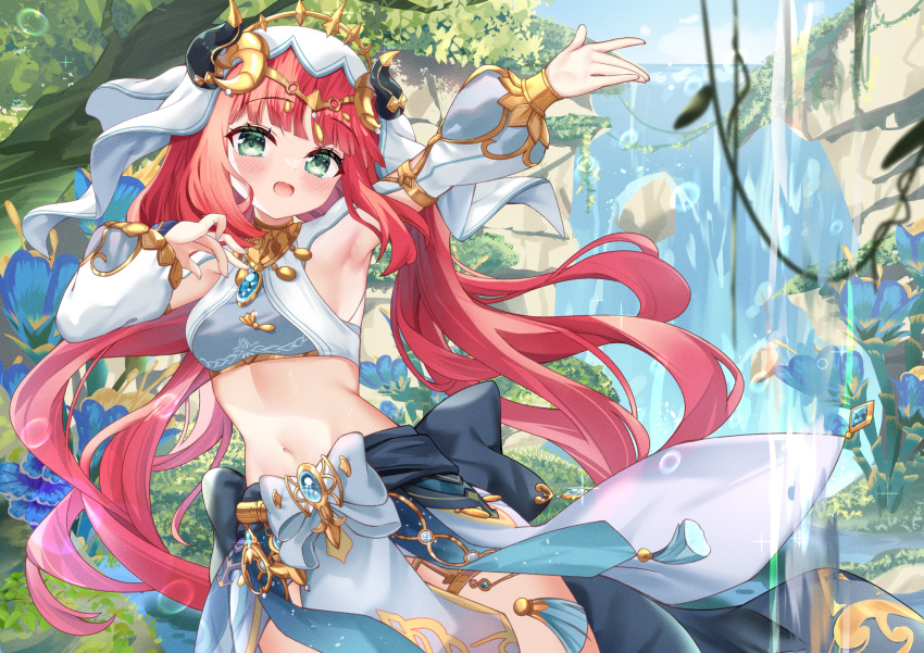 1girl :d arm_up armpits bangs blue_gemstone blue_skirt bow brooch circlet commentary_request cowboy_shot crop_top day detached_sleeves fake_horns floating_hair gem genshin_impact gold_trim green_eyes hand_up harem_outfit highres hiyada_yuu horns jewelry long_sleeves looking_at_viewer low_twintails nature navel neck_ring nilou_(genshin_impact) open_mouth outdoors parted_bangs puffy_long_sleeves puffy_sleeves red_hair skirt smile solo stomach thighlet tree twintails veil water waterfall white_headwear white_sleeves
