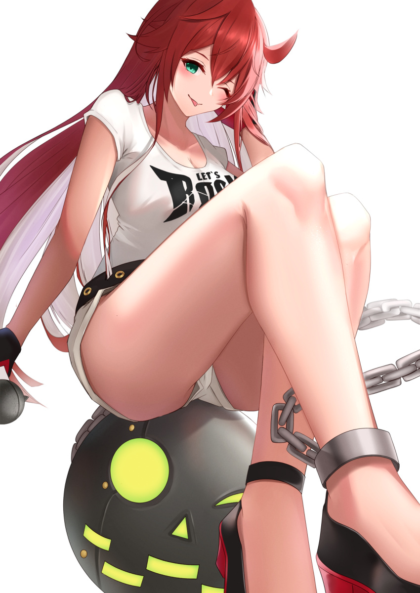 1girl ball_and_chain_restraint bangs belt blush breasts chain cleavage commentary_request gloves green_eyes guilty_gear guilty_gear_strive hand_up highres jack-o'_valentine long_hair looking_at_viewer medium_breasts multicolored_hair one_eye_closed red_hair shiny shiny_hair shirt shoes shorts simple_background smile solo t-shirt thighs tongue tongue_out two-tone_hair usk_(yu_sk_usk39) white_background white_hair