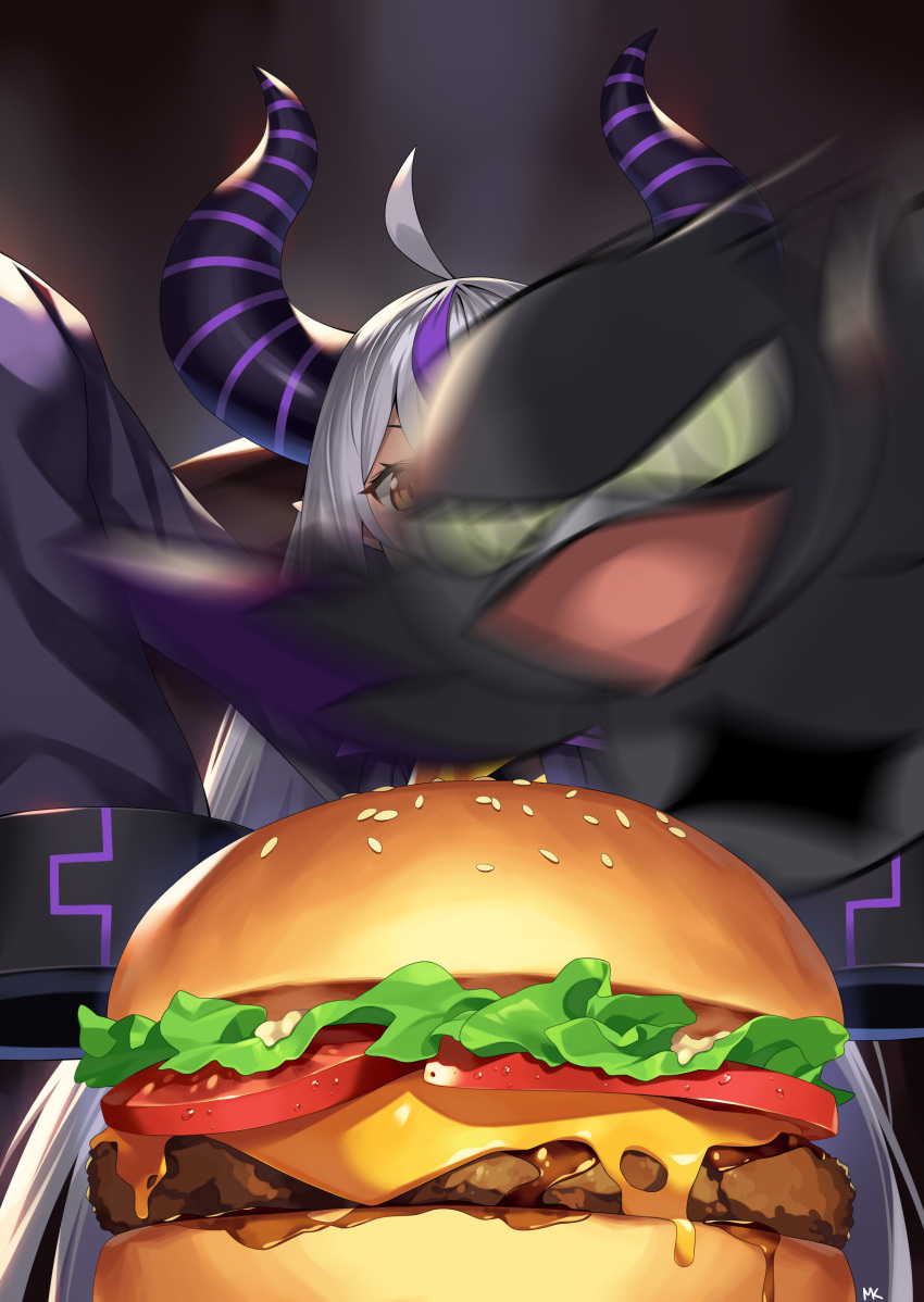 1girl absurdres ahoge braid burger cheese crow_(la+_darknesss) demon_horns food green_eyes grey_hair highres hololive horns la+_darknesss lettuce mk_(lazymk) motion_lines multicolored_hair orange_eyes photobomb pointy_ears purple_hair signature sleeves_past_wrists streaked_hair striped_horns tomato two-tone_hair upper_body virtual_youtuber wide_sleeves