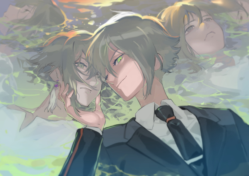 5boys absurdres blonde_hair commentary_request earrings elan_ceres empty_eyes expressionless formal green_eyes gundam gundam_suisei_no_majo hand_on_another's_chin highres jewelry kushabiria looking_at_viewer multiple_boys multiple_persona necktie one_eye_closed partially_submerged smile smug suit
