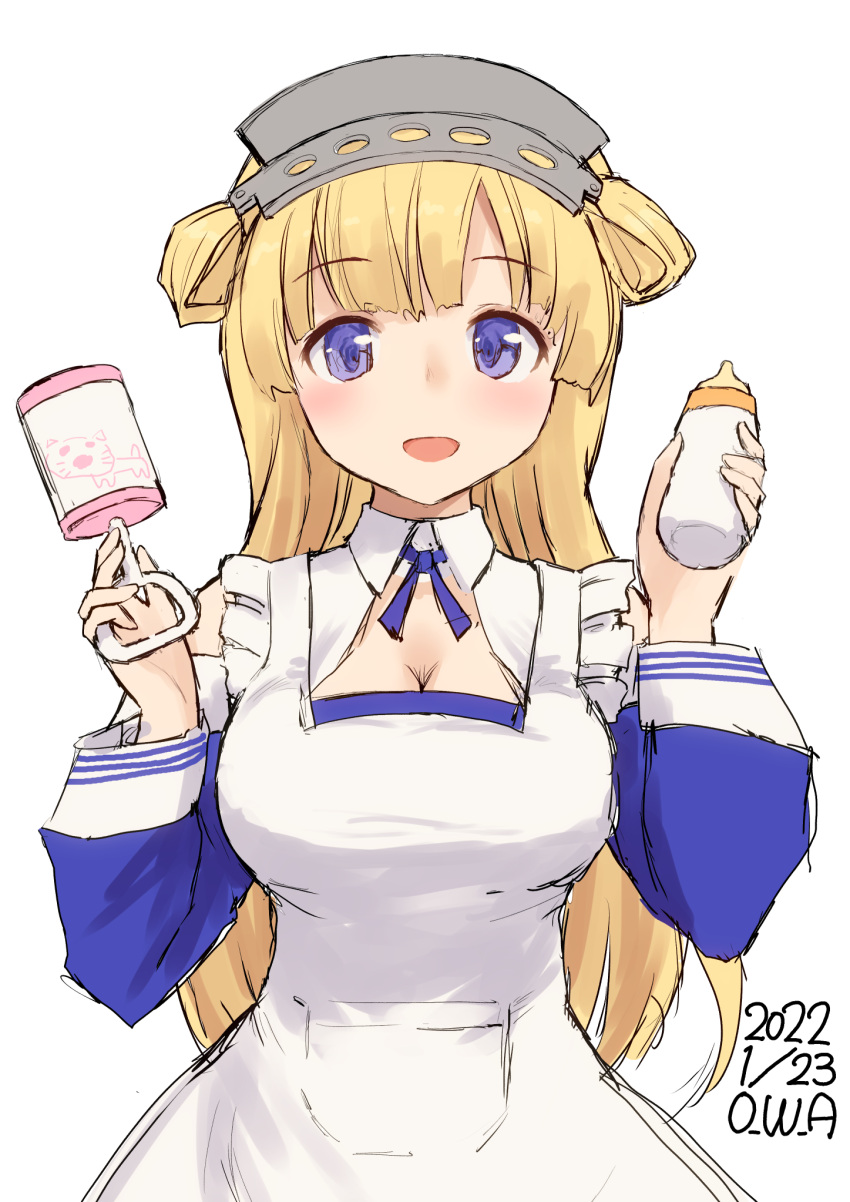 1girl apron artist_name baby_bottle blonde_hair blue_shirt bottle breasts cleavage dated double_bun fletcher_(kancolle) hair_bun hair_ornament hairband highres holding kantai_collection large_breasts long_hair long_sleeves looking_at_viewer one-hour_drawing_challenge open_mouth owa_(ishtail) purple_eyes rattle sailor_collar shirt smile solo star_(symbol) star_hair_ornament white_apron white_sailor_collar