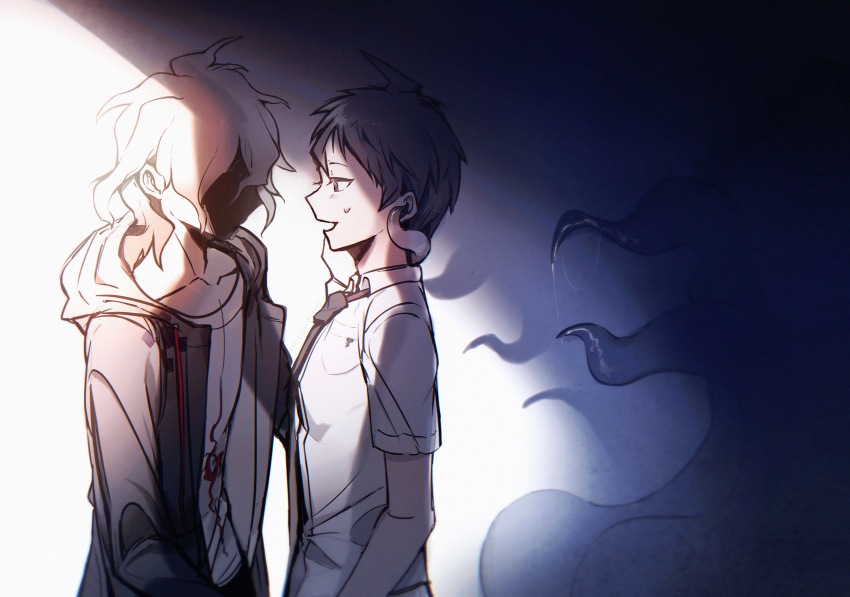 2boys :d ahoge bangs blush brown_hair collarbone collared_shirt danganronpa_(series) danganronpa_2:_goodbye_despair from_side green_jacket highres hinata_hajime jacket komaeda_nagito long_sleeves male_focus medium_hair multiple_boys necktie open_clothes open_jacket open_mouth print_shirt shaded_face shirt short_hair short_sleeves smile tentacles white_shirt ziling