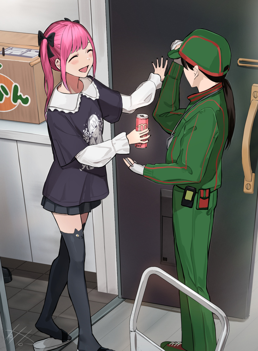 2girls :d absurdres animal_ear_legwear black_bow black_shirt black_thighhighs blush bow buta5813 can cat_ear_legwear door employee_uniform flip-flops green_headwear hair_bow hat highres hinamizawa_hinami holding holding_can indoors jirai_kei layered_shirt miniskirt multiple_girls original pink_hair sandals shirt skirt smile thighhighs twintails uniform white_shirt