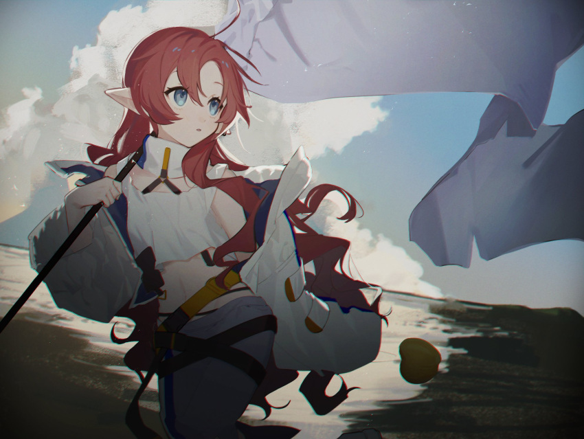 1girl apple arknights bangs blue_eyes blue_sky cloud commentary_request cowboy_shot crop_top flag food fruit highres holding holding_flag jacket long_hair long_sleeves looking_afar motamo_(motamotri) myrtle_(arknights) ocean off_shoulder open_clothes open_jacket open_mouth outdoors pointy_ears red_hair shorts sky solo water white_jacket white_shorts