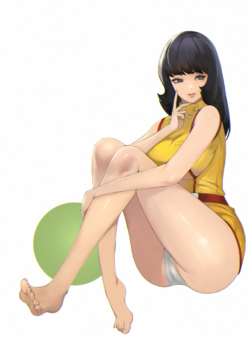 1girl bangs bare_arms bare_shoulders barefoot belt black_hair blue_eyes bobobong breasts buttons commentary dress fa_yuiry fingernails full_body gundam hand_up highres knees_up large_breasts light_smile lips medium_hair panties parted_lips shiny shiny_skin short_dress simple_background sitting sleeveless solo thighs toenails toes underwear white_background white_panties zeta_gundam