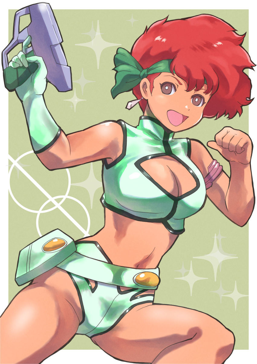 1girl absurdres border breasts brown_eyes cleavage cleavage_cutout clenched_hand clothing_cutout crop_top dark-skinned_female dark_skin dirty_pair dolphin_shorts earrings green_background green_headband grey_shorts gun hair_behind_ear headband highres holding holding_gun holding_weapon jewelry k_katora kei_(dirty_pair) medium_breasts midriff navel open_mouth red_hair short_hair shorts smile solo sparkle weapon white_border