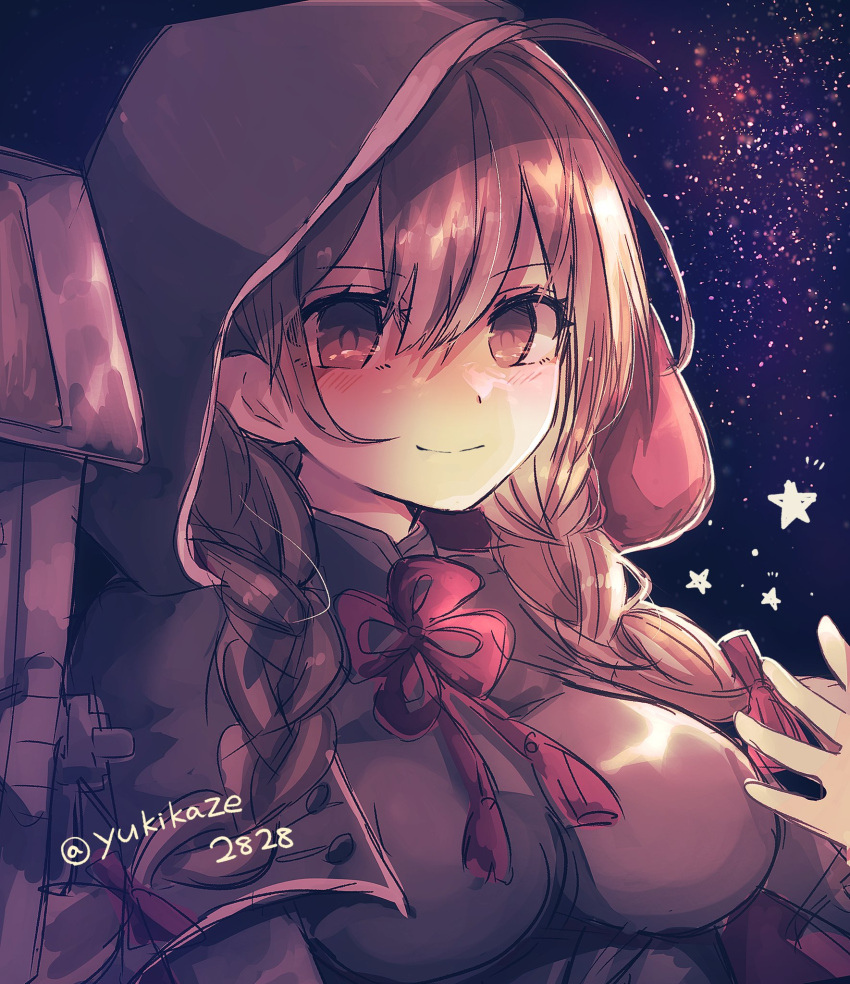 1girl ahoge black_capelet black_dress blush braid breasts brown_eyes brown_hair capelet closed_mouth dress hair_between_eyes highres hood hooded_capelet kantai_collection large_breasts long_hair long_sleeves one-hour_drawing_challenge shinshuu_maru_(kancolle) smile solo twin_braids twitter_username upper_body yukikaze2828