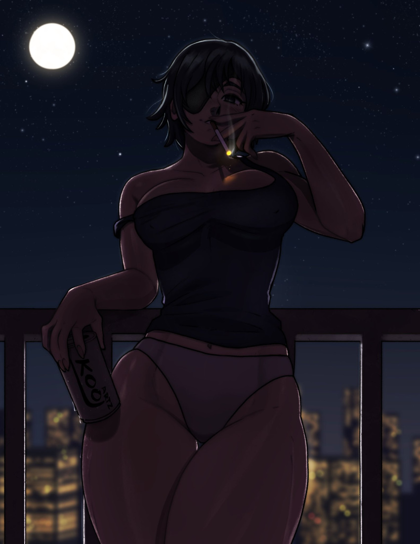 1girl against_railing beer_can black_hair black_tank_top blurry blurry_background breasts can chainsaw_man cigarette city_lights cleavage cowboy_shot dark_background eyepatch full_moon highres himeno_(chainsaw_man) holding holding_can holding_cigarette kooj_artz large_breasts looking_at_viewer midriff_peek moon night night_sky off_shoulder railing short_hair sky smoke smoking solo star_(sky) starry_sky tank_top thick_thighs thighs