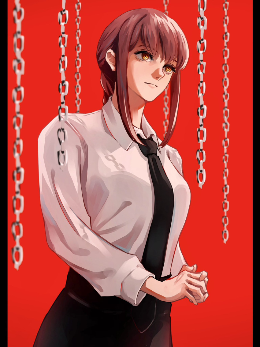 1girl ao_desu2222 bangs black_necktie black_pants braid braided_ponytail chain chainsaw_man collared_shirt highres looking_to_the_side makima_(chainsaw_man) medium_hair necktie own_hands_together pants red_background red_hair red_theme ringed_eyes shirt shirt_tucked_in sidelocks simple_background solo white_shirt yellow_eyes