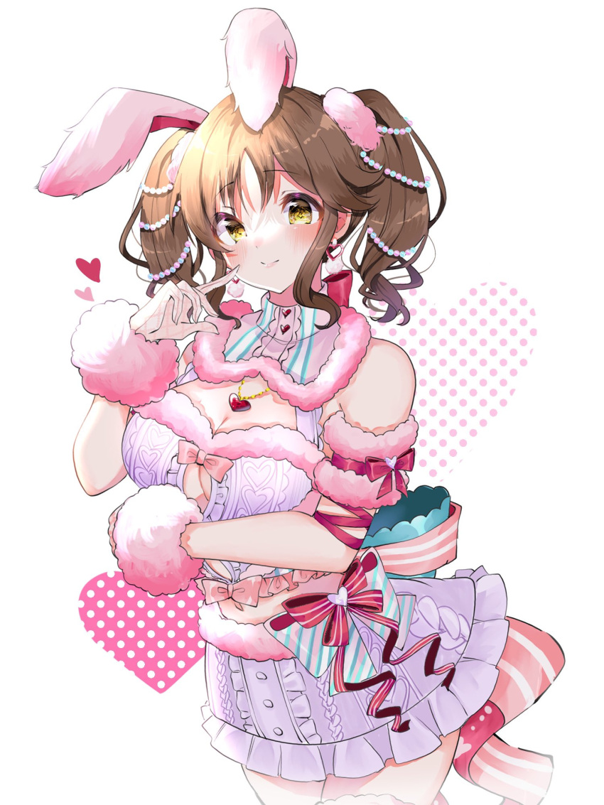 1girl animal_ears arm_ribbon back_bow blush bow breasts cleavage cleavage_cutout clothing_cutout gloves heart heart_necklace highres idolmaster idolmaster_cinderella_girls jewelry large_breasts long_hair looking_at_viewer navel necklace pink_gloves polka_dot_heart pom_pom_(clothes) rabbit_ears ribbon shirt simple_background skirt smile solo totoki_airi twintails very_long_hair white_shirt white_skirt yellow_eyes yuanagae