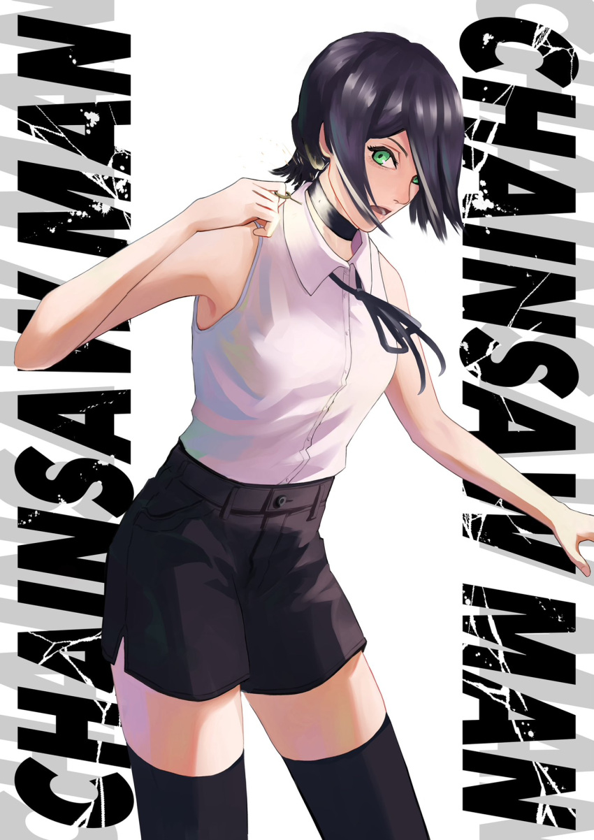 1girl ao_desu2222 bangs black_choker black_hair black_ribbon black_shorts black_thighhighs chainsaw_man choker collared_shirt copyright_name green_eyes grenade_pin hair_between_eyes hair_bun highres looking_at_viewer open_mouth reze_(chainsaw_man) ribbon shirt short_hair shorts simple_background sleeveless sleeveless_shirt solo thighhighs white_background white_shirt