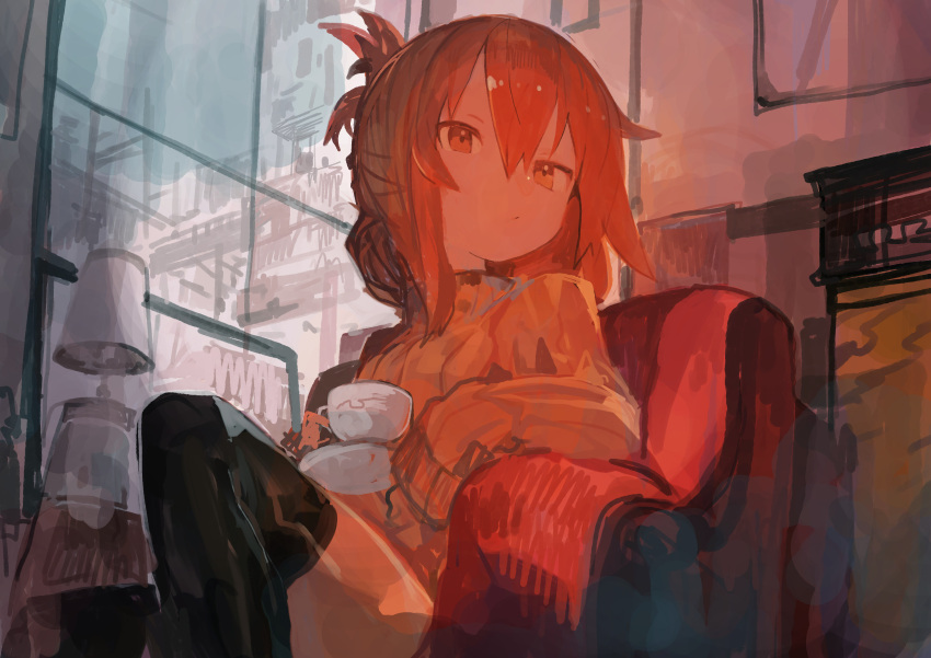 1girl absurdres alternate_costume black_thighhighs brown_eyes brown_hair brown_sweater closed_mouth cup folded_ponytail hair_between_eyes highres holding holding_cup inazuma_(kancolle) kaamin_(mariarose753) kantai_collection long_hair long_sleeves solo sweater thighhighs turtleneck turtleneck_sweater