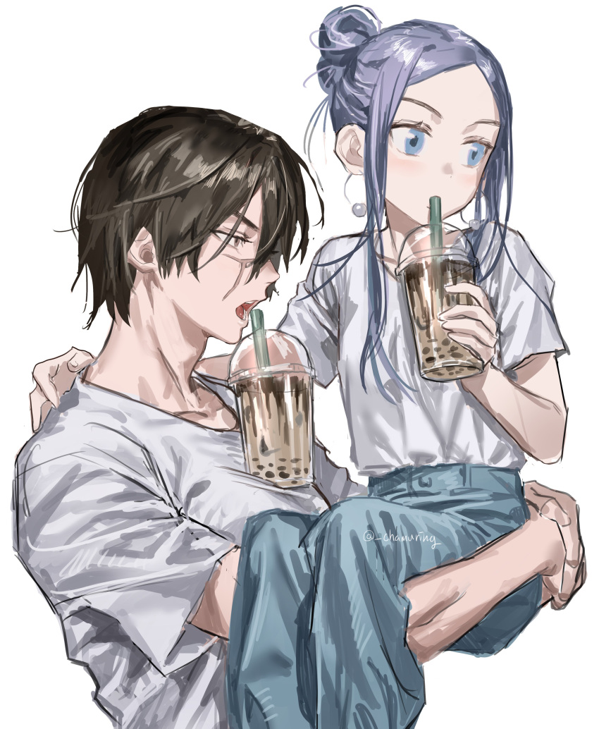 1boy 1girl abs absurdres alternate_costume alternate_hairstyle arms_around_neck asirpa blue_eyes blue_hair blue_pants blush brown_eyes brown_hair bubble_tea carrying chamuring child_carry cup disposable_cup drink drinking drinking_straw drinking_straw_in_mouth earrings golden_kamuy hair_bun highres holding holding_cup holding_drink hoop_earrings iced_tea jewelry long_hair muscular muscular_male object_on_pectorals open_mouth pants pectorals saliva saliva_trail scar scar_on_cheek scar_on_face scar_on_mouth scar_on_nose shirt short_hair signature sugimoto_saichi tea toned toned_male white_background white_shirt