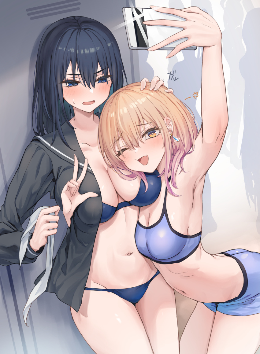 2girls arm_up armpits bare_arms bare_shoulders black_hair black_shirt blonde_hair blue_bra blue_eyes blue_panties blush bra breast_press breasts camera_flash cellphone cheek_press cleavage commentary_request cowboy_shot earrings fang glint groin hand_on_another's_head highres holding holding_phone hug jewelry large_breasts leaning_forward looking_at_another looking_at_viewer medium_breasts multiple_girls navel no_pants open_clothes open_mouth open_shirt original panties phone piripun school_uniform selfie serafuku shirt skin_fang smartphone stomach sweatdrop thighs underwear underwear_only w yellow_eyes yuri