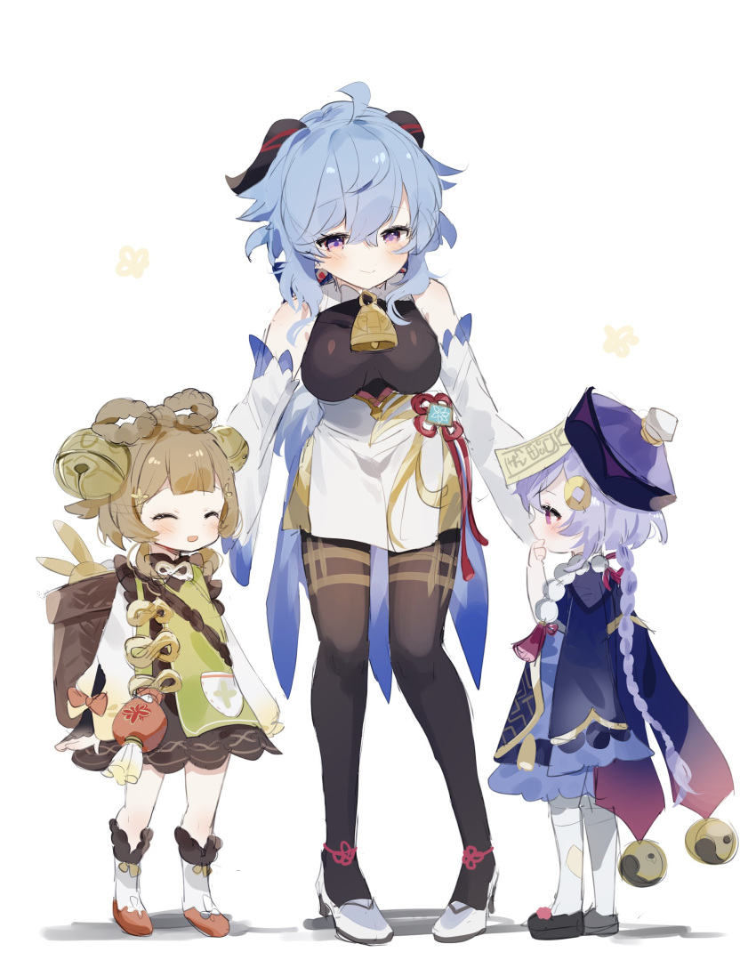 3girls absurdres ahoge bangs bare_shoulders bell black_pantyhose blue_hair blush bow-shaped_hair braid breasts brown_hair chinese_knot closed_eyes coin_hair_ornament detached_sleeves flower_knot full_body ganyu_(genshin_impact) genshin_impact gold_trim hair_bell hair_ornament hat high_heels highres horns leaning_forward long_hair looking_at_another looking_to_the_side medium_breasts multiple_girls neck_bell open_mouth pantyhose pink_hair purple_eyes purple_hair qing_guanmao qiqi_(genshin_impact) shorts sidelocks smile socks sorani_(kaeru0768) standing talisman thighlet vision_(genshin_impact) waist_cape white_background white_sleeves white_socks yaoyao_(genshin_impact)