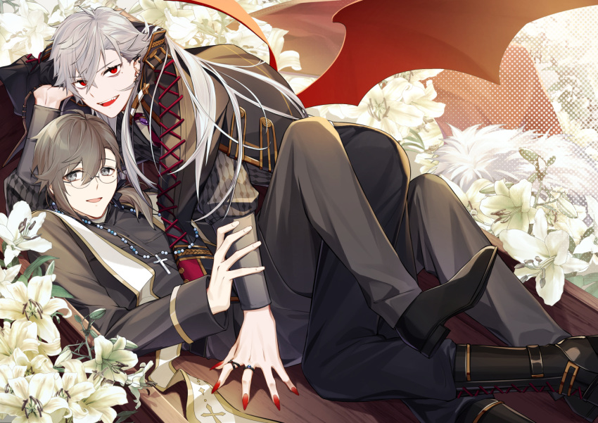 2boys :d arm_support bangs bat_wings black_footwear black_jacket black_pants brown_hair collared_shirt commentary ear_piercing english_commentary flower glasses grey_eyes grey_hair grey_jacket hair_between_eyes jacket jacket_on_shoulders jh kanae_(nijisanji) kuzuha_(nijisanji) male_focus mole mole_under_eye multiple_boys nijisanji open_clothes open_jacket pants piercing pointy_ears red_eyes red_wings shirt shoes smile virtual_youtuber white_flower white_shirt wings