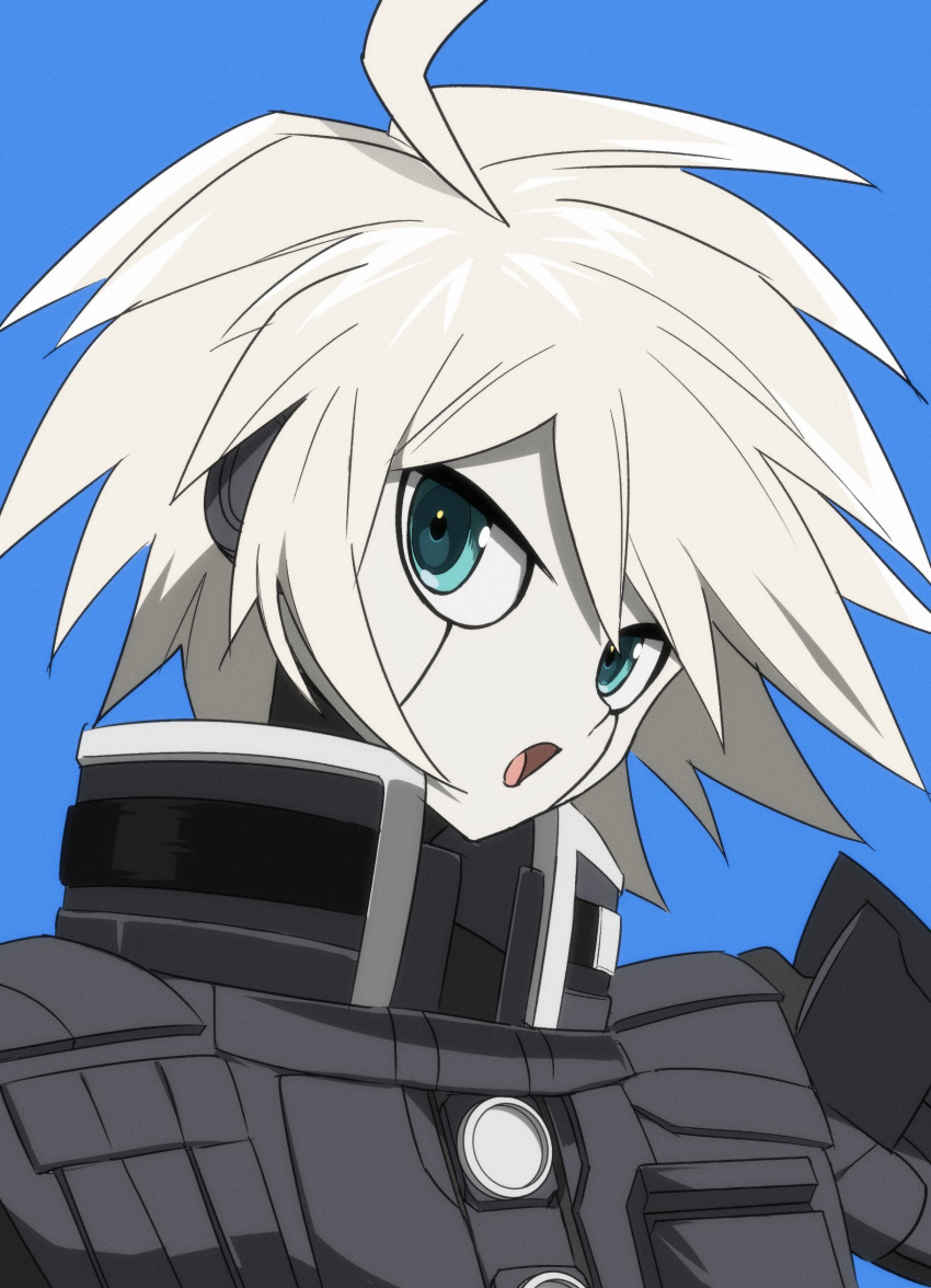 1boy :o absurdres ahoge android bangs blue_background buttons danganronpa_(series) danganronpa_v3:_killing_harmony etklgsscizgnglq green_eyes grey_hair headphones highres keebo male_focus open_mouth portrait power_armor shiny shiny_hair simple_background solo