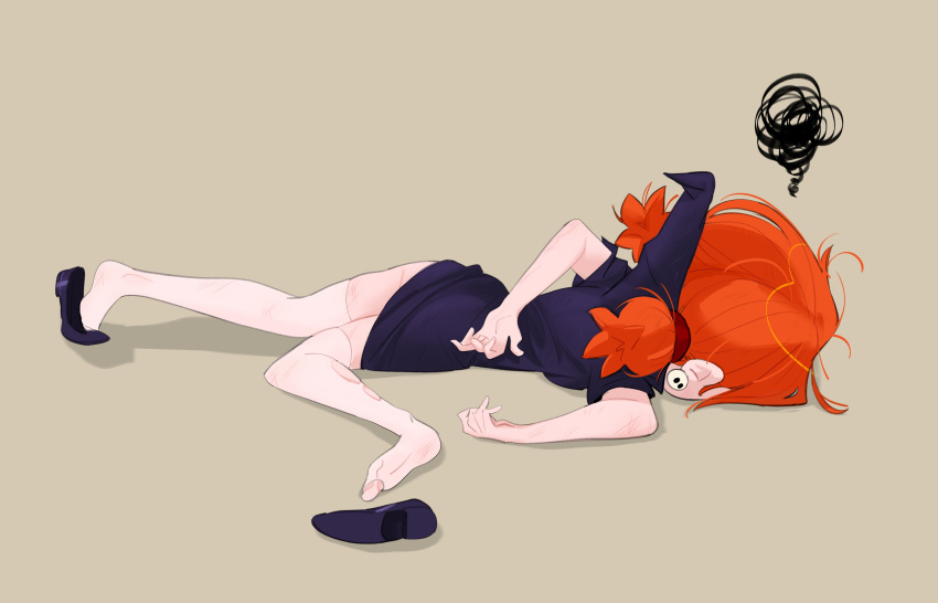 1girl absurdres arm_behind_back black_dress black_footwear brown_background dress from_behind full_body highres kyu-bum_lee low_twintails lying messy_hair on_side orange_hair original pepper_(kyu-bum_lee) shoe_removed short_sleeves short_twintails simple_background solo squiggle thighhighs twintails white_thighhighs