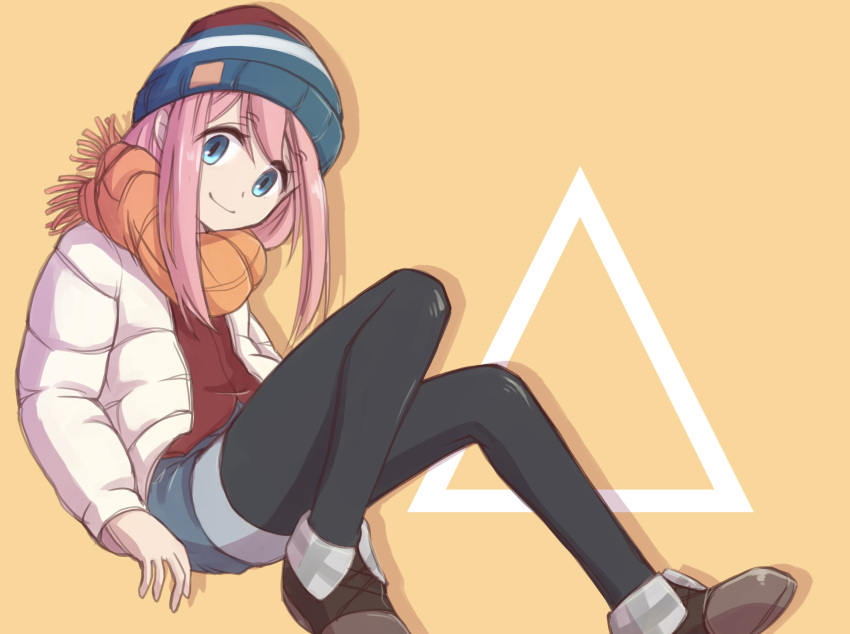 1girl absurdres beanie blue_eyes harumachi_fa-fa hat highres jacket kagamihara_nadeshiko leggings_under_shorts looking_at_viewer pink_hair scarf short_shorts shorts simple_background smile solo yurucamp