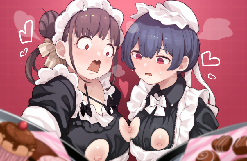 apron black_dress blue_hair blush bow bowtie breast_cutout character_request criss-cross_halter d: double_bun dress embarrassed food hair_bow hair_bun halterneck highres holding holding_tray idolmaster looking_down maid_apron maid_headdress nipple-to-nipple open_mouth pastry red_eyes short_hair takato_kurosuke tray twintails white_bow white_bowtie wide-eyed