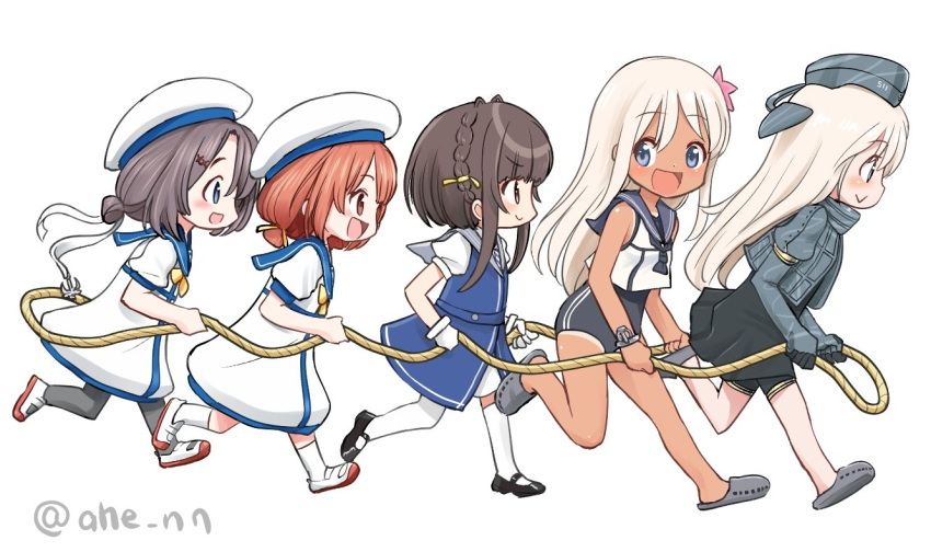 5girls ahenn bare_shoulders black_gloves blonde_hair blue_eyes braid brown_eyes brown_hair dark-skinned_female dark_skin dress dual_persona flower full_body garrison_cap gloves grey_hair hair_ornament hair_ribbon hat jacket kaiboukan_no._30_(kancolle) kaiboukan_no._4_(kancolle) kantai_collection kneehighs long_hair mary_janes medium_hair multiple_girls open_mouth orange_hair ribbon ro-500_(kancolle) rope sailor_collar sailor_dress sailor_hat school_swimsuit shoes short_hair simple_background skirt slippers smile socks swimsuit u-511_(kancolle) ukuru_(kancolle) white_background white_gloves