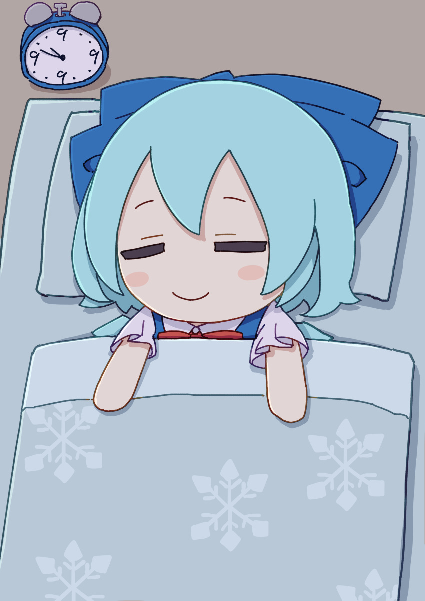 1girl absurdres alarm_clock bed_sheet blue_bow blue_dress blue_hair blush_stickers bow cirno clock closed_eyes closed_mouth commentary dress fairy fumo_(doll) hair_between_eyes hair_bow highres ice ice_wings kame_(kamepan44231) pillow shirt short_hair short_sleeves sleeping smile snowflake_print solo touhou white_shirt wings