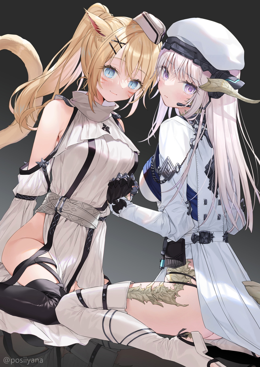 2girls absurdres animal_ears au_ra avatar_(ff14) bangs black_panties blonde_hair blue_eyes boots breasts cat_ears cat_tail clothing_cutout dragon_horns dragon_tail dutch_angle final_fantasy final_fantasy_xiv gloves gradient gradient_background grey_background hat headset highres horns kneeling large_breasts long_hair looking_at_viewer miqo'te multiple_girls no_panties panties pelvic_curtain ponytail purple_eyes scales shoulder_cutout tail thigh_boots underwear white_hair yana_mori