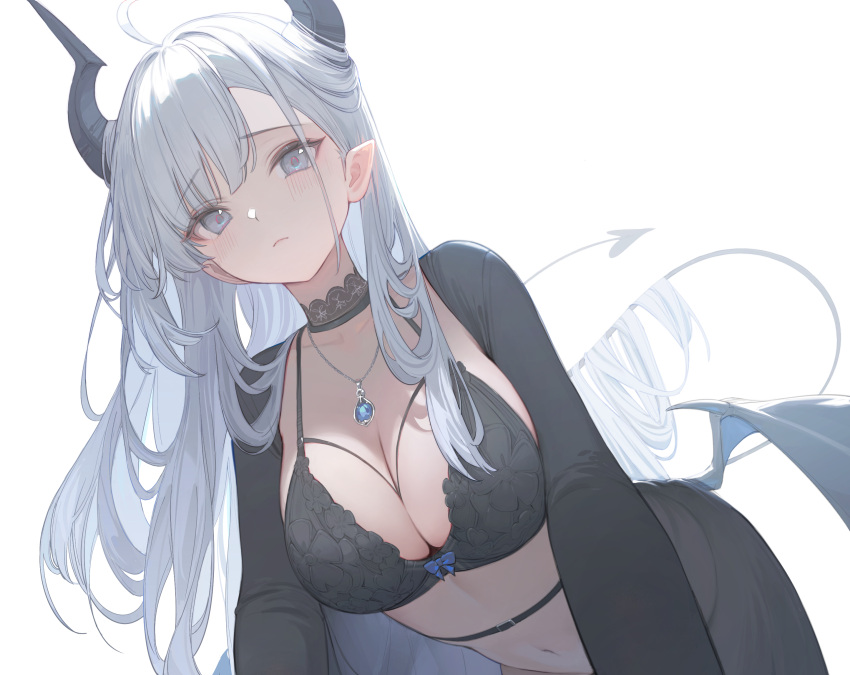 1girl ahoge bangs belt black_belt black_bra black_choker black_horns black_panties black_shirt black_tail black_wings blue_gemstone bow bow_bra bra breasts choker cleavage closed_mouth commentary demon_girl demon_horns demon_tail demon_wings frown gem grey_eyes hair_on_horn highres horns jewelry lace-trimmed_choker lace_trim large_breasts leaning_forward leaning_to_the_side light_blush long_hair long_sleeves looking_at_viewer navel necklace nekojira open_clothes open_shirt original panties pendant pointy_ears raised_eyebrows revision see-through shirt sidelocks simple_background solo stomach symbol-only_commentary tail thea_(nekojira) underwear white_background white_hair wings