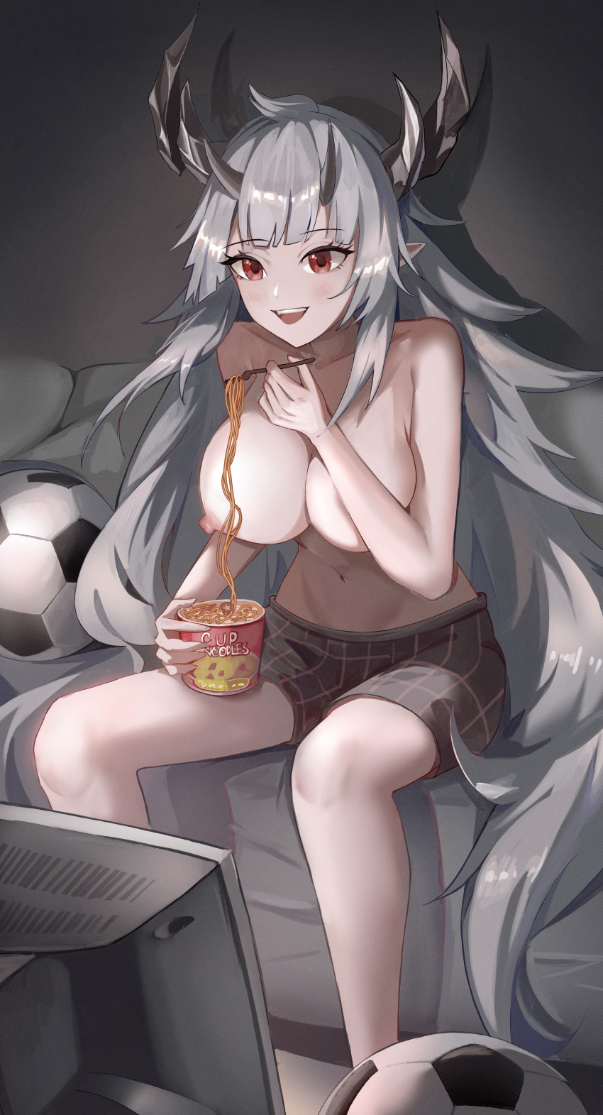 1girl absurdres ahoge arknights ball bare_legs breast_squeeze breasts collarbone couch crt food grey_hair highres horns large_breasts long_hair matoimaru_(arknights) multiple_horns navel nipples noodles on_couch open_mouth pointy_ears red_eyes shorts sitting smile soccer_ball solo television topless very_long_hair watching_television wuzhihuijia