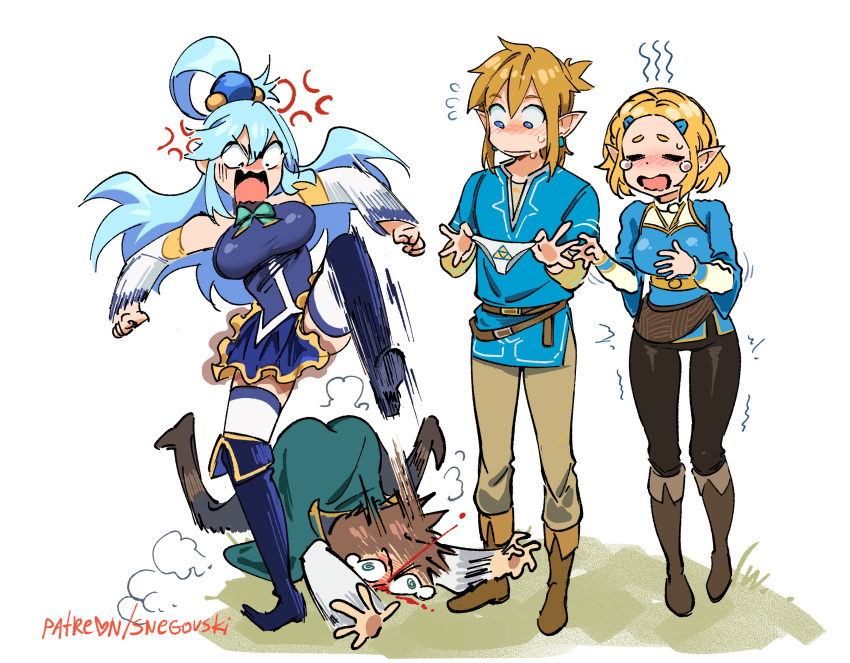 2boys 2girls =_= absurdres anger_vein angry aqua_(konosuba) artist_name bangs bare_shoulders belt black_pants blonde_hair blood blue_hair blue_skirt blue_tunic blush boots bow breasts brown_belt brown_footwear brown_pants cape commentary crossover detached_sleeves english_commentary full_body grass green_bow green_cape hair_ornament highres holding holding_clothes holding_panties holding_underwear jewelry kicking kono_subarashii_sekai_ni_shukufuku_wo! link long_hair looking_down motion_blur motion_lines multiple_boys multiple_girls panties pants patreon_username pointy_ears princess_zelda rectangular_mouth satou_kazuma shirt skirt sleeveless sleeveless_shirt snegovski standing tearing_up the_legend_of_zelda the_legend_of_zelda:_breath_of_the_wild thighhighs thighhighs_under_boots trembling underwear wavy_mouth white_background white_panties white_sleeves white_thighhighs