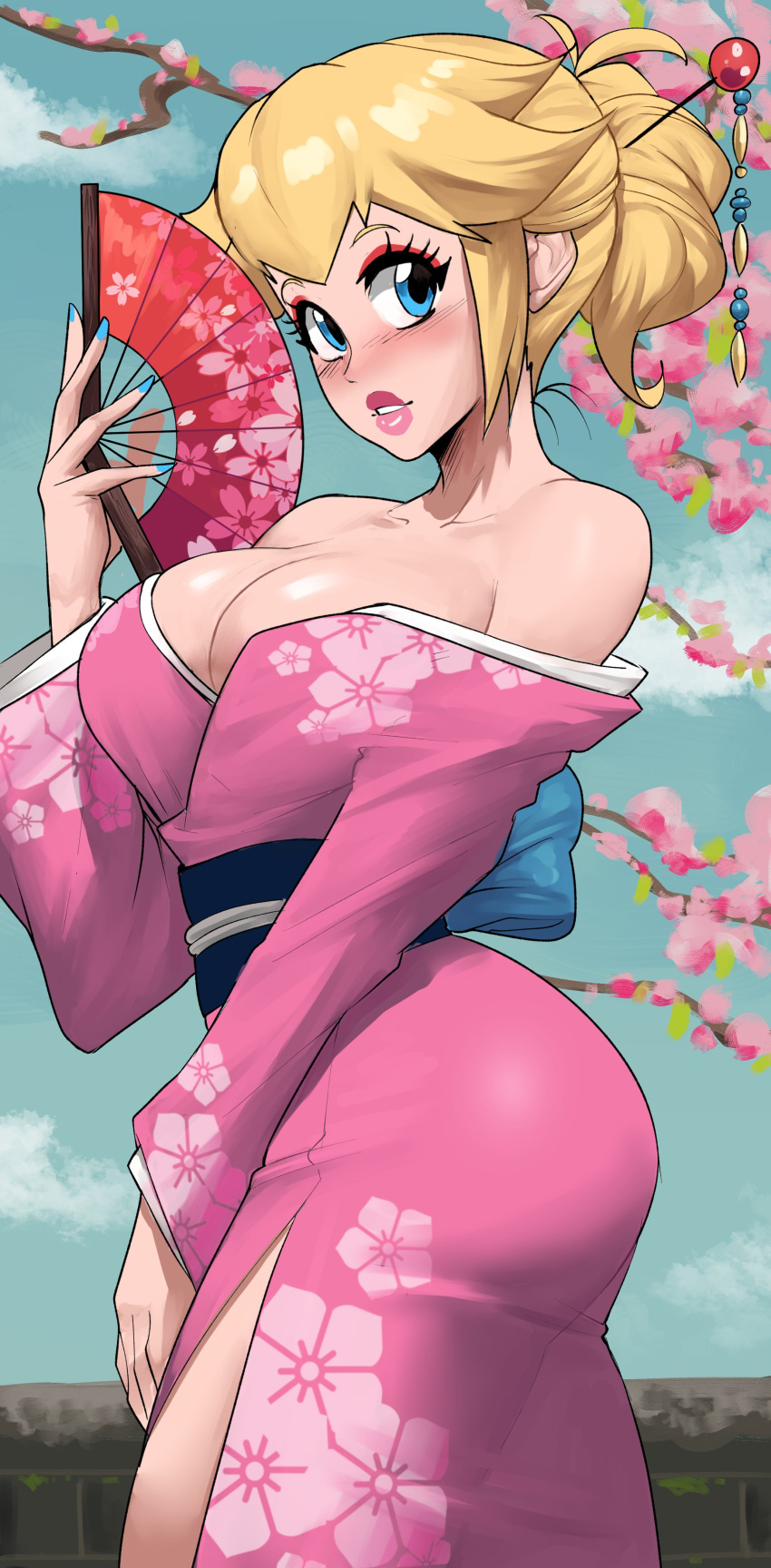 1girl absurdres alternate_costume bare_shoulders blonde_hair blue_eyes blue_sky blush branch breasts cherry_blossoms cleavage collarbone day echo_saber eyeshadow floral_print folding_fan hair_bun hair_ornament hair_stick hair_up hand_fan highres holding holding_fan japanese_clothes kimono large_breasts lips lipstick looking_at_viewer makeup mario_(series) obi off_shoulder outdoors parted_lips pink_kimono princess_peach print_kimono sash sky solo standing tree
