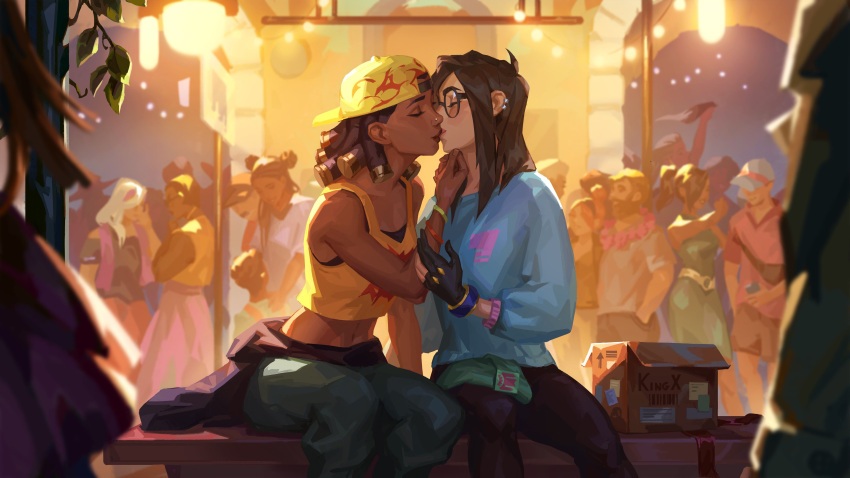 2girls absurdres backwards_hat box brown_hair cardboard_box character_request closed_eyes clothes_around_waist dark-skinned_female dark_skin day dreadlocks fingerless_gloves glasses gloves grabbing_another's_chin hand_on_another's_chin hat highres interracial kiss long_hair medium_hair multiple_girls official_art outdoors pants sitting tank_top valorant yuri