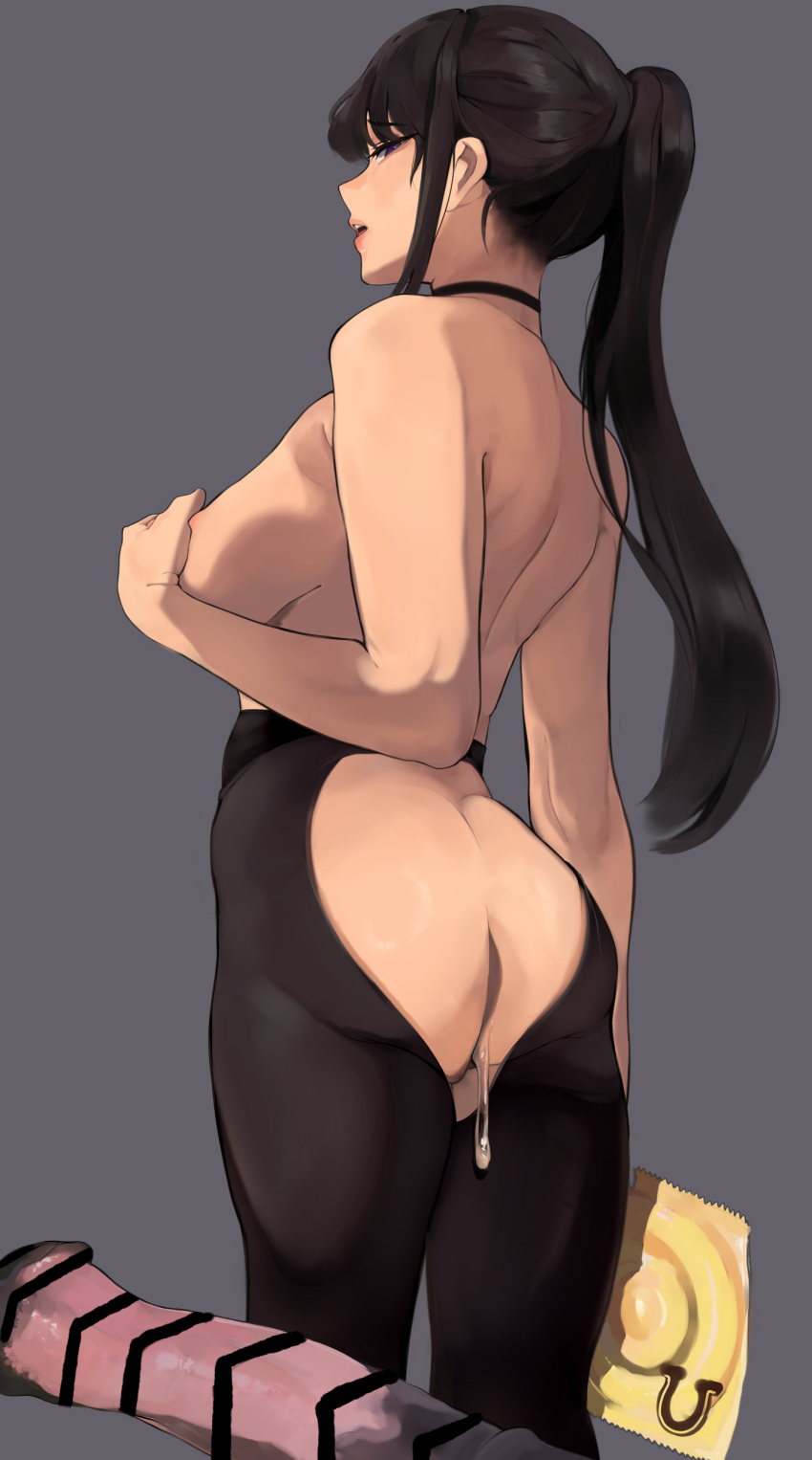 1girl absurdres animal animal_penis ass ass_cutout bestiality black_eyes black_hair breasts choker clothing_cutout condom covering covering_breasts hetero highres holding holding_condom horse horse_penis huge_penis komi-san_wa_komyushou_desu komi_shouko large_breasts long_hair mamimi_(mamamimi) penis ponytail solo_focus standing topless