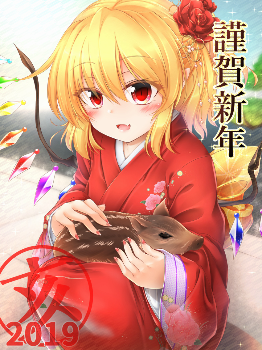 1girl alternate_costume alternate_hairstyle animal animated back_bow blonde_hair boar bonsai bow chinese_zodiac crystal fang feet_out_of_frame flandre_scarlet flower hair_between_eyes hair_flower hair_ornament highres holding holding_animal japanese_clothes kimono live2d long_sleeves looking_at_viewer marukyuu_ameya medium_hair multicolored_wings nail_polish new_year no_headwear open_mouth ponytail red_eyes red_flower red_kimono red_nails red_rose rose skin_fang solo touhou wide_sleeves wings year_of_the_pig yellow_bow