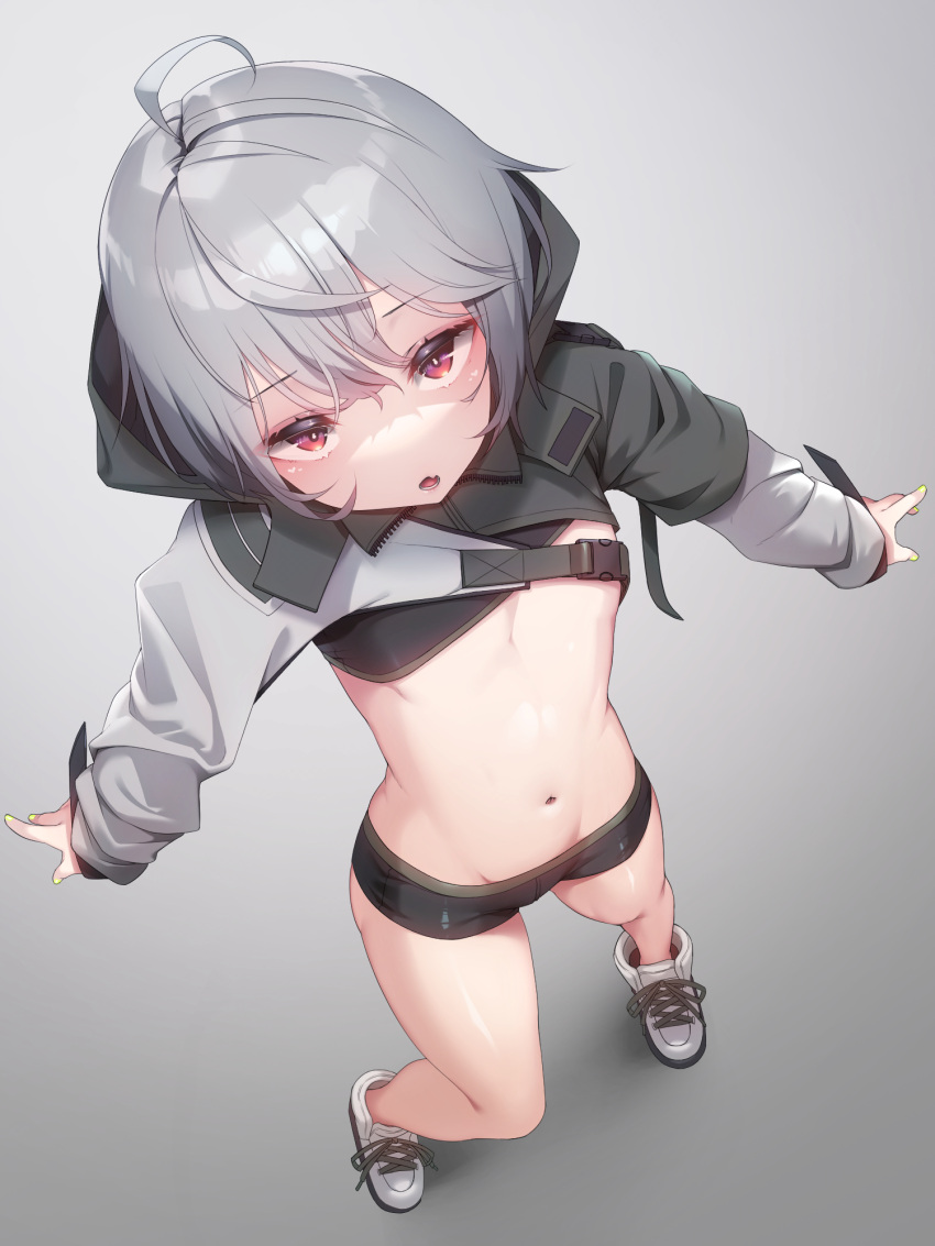1girl :o ahoge bangs bike_shorts clothes_lift commentary_request crop_top expressionless fang flat_chest foreshortening from_above grey_background grey_hair groin highres hood hooded_jacket jacket legs_apart looking_at_viewer midriff nail_polish navel noah_gaa original outstretched_arms parted_lips red_eyes shoes short_hair short_shorts shorts simple_background skin_fang sneakers solo sports_bra spread_arms standing stomach strap tsurime yellow_nails