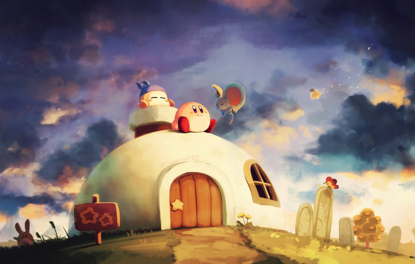 artist_name bandana bandana_waddle_dee blue_bandana blue_eyes blush blush_stickers chimney closed_eyes closed_mouth cloud cloudy_sky door elfilin flower full_body grass hataraku_ufo highres house jobski kirby kirby's_house kirby_(series) no_humans outdoors path polof rabbit revision rock scenery shadow_kirby sign sitting sky smile star_(symbol) suyasuyabi tree twitter_username ufo warp_star window