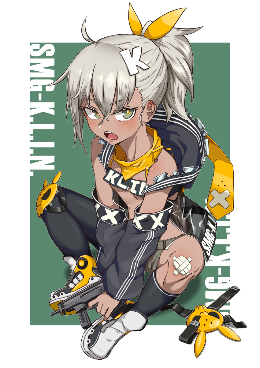 1girl absurdres ahoge asymmetrical_legwear bandana bangs between_legs black_footwear black_jacket black_sleeves black_thighhighs boots brown_shorts character_name commentary_request dark-skinned_female dark_skin detached_sleeves fangs finger_on_trigger girls'_frontline green_background green_eyes grey_hair gun hair_between_eyes hair_ornament hair_ribbon hand_between_legs high_ponytail highres holding holding_gun holding_weapon jacket klin_(girls'_frontline) kneehighs long_sleeves micro_shorts name_connection object_namesake open_clothes open_jacket open_mouth orange_pupils ponytail pp-91_kedr puffy_long_sleeves puffy_sleeves ribbon see-through short_shorts shorts single_kneehigh single_sock single_thighhigh sitting sleeveless sleeveless_jacket socks solo submachine_gun thighhighs two-tone_background ubo_(dbsgurdbsk) uneven_legwear v-shaped_eyebrows weapon white_background yellow_bandana yellow_ribbon