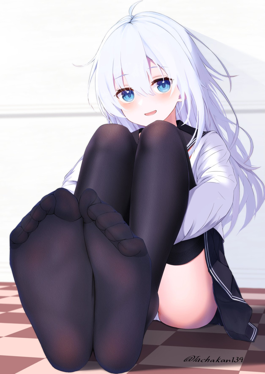 1girl ahoge black_sailor_collar black_skirt black_thighhighs blue_eyes blush commentary_request eyelashes feet fine_fabric_emphasis foot_focus foreshortening grey_hair hair_between_eyes hibiki_(kancolle) highres hugging_own_legs indoors kantai_collection legs legs_together long_legs long_sleeves no_shoes on_floor open_mouth panties pleated_skirt sailor_collar shadow shirt sidelocks sitting skirt soles solo tachakan thighhighs thighs toe_scrunch toes twitter_username underwear white_panties white_shirt