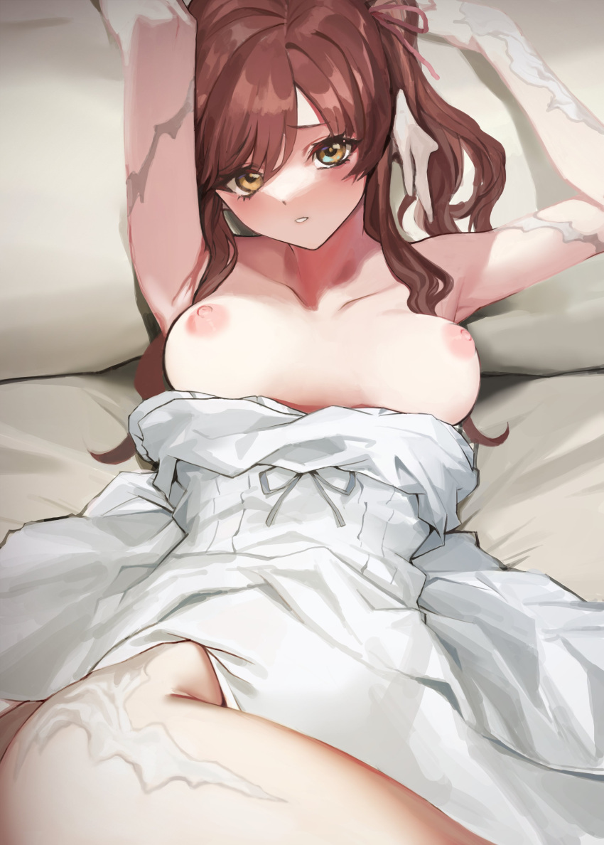 1girl absurdres armpits arms_up au_ra bangs bed blush breasts breasts_out brown_hair cowboy_shot cyobiro dragon_girl dragon_horns dress final_fantasy final_fantasy_xiv hair_ribbon highres horns looking_at_viewer lying medium_breasts nipples on_back on_bed parted_bangs parted_lips pillow ribbon scales sidelocks solo twintails white_dress yellow_eyes