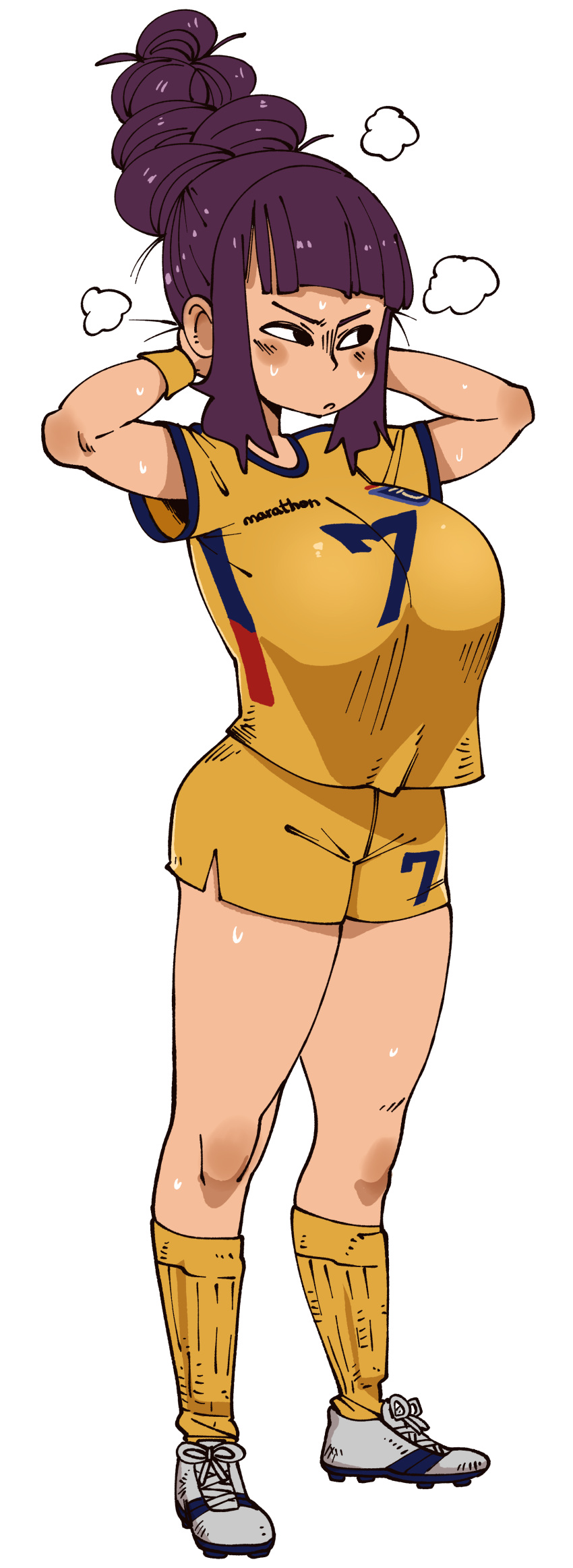 1girl 2022_fifa_world_cup absurdres black_eyes breasts command_grab_(nuclear_wasabi) ecuador full_body highres large_breasts nuclear_wasabi original purple_hair shirt shorts simple_background soccer_uniform solo sportswear sweat white_background world_cup wristband