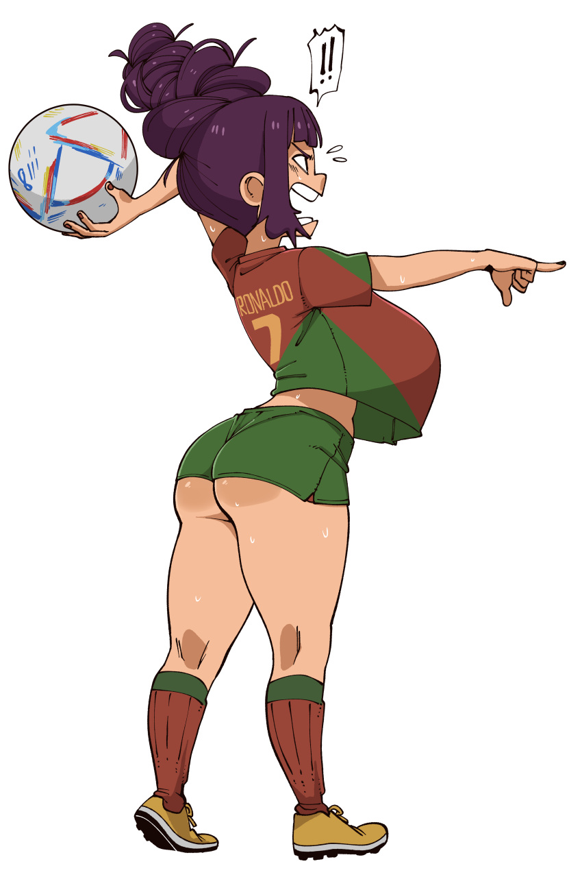 ! !! 1girl 2022_fifa_world_cup absurdres al_rihla ass ball breasts command_grab_(nuclear_wasabi) cristiano_ronaldo full_body highres holding holding_ball large_breasts nuclear_wasabi open_mouth original pointing portugal purple_hair shirt shorts shouting simple_background soccer soccer_ball soccer_uniform socks solo spoken_exclamation_mark sportswear standing sweat white_background world_cup