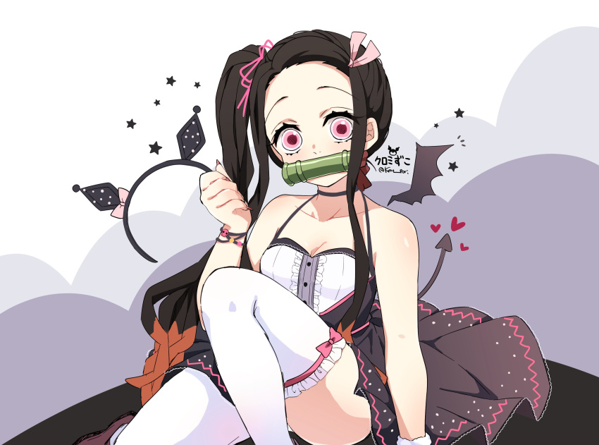 1girl absurdres bamboo bit_gag black_hair breasts cosplay dress forehead gag hair_ornament hair_ribbon headband highres kamado_nezuko kimetsu_no_yaiba kuromi kuromi_(cosplay) long_hair multicolored_hair onegai_my_melody pink_eyes pink_ribbon ponytail pori_(kmt_pori) ribbon sanrio solo thighhighs white_thighhighs