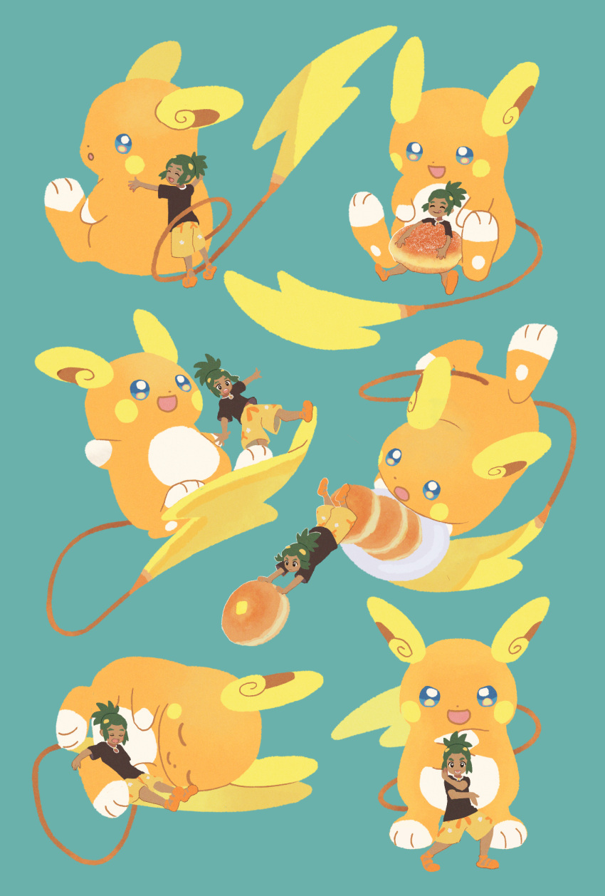 1boy :d alolan_raichu black_shirt closed_eyes commentary_request dark-skinned_male dark_skin food furukawa_raku green_background green_hair hau_(pokemon) highres holding holding_food male_focus miniboy multiple_views open_mouth orange_footwear pokemon pokemon_(creature) pokemon_(game) pokemon_sm shirt shoes short_ponytail shorts simple_background smile yellow_shorts z-move_trainer_pose