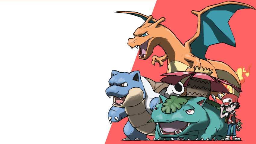 1boy :3 adjusting_clothes adjusting_headwear animal_focus arm_at_side baseball_cap black_hair black_shirt blacknirrow blastoise blue_eyes blue_pants bright_pupils brown_eyes charizard claws closed_mouth commentary dragon english_commentary fangs fern flame-tipped_tail flower from_side full_body grey_eyes half-closed_eyes hand_up happy hat highres holding holding_poke_ball leaf open_clothes open_mouth open_vest pants pink_flower plant poke_ball poke_ball_(basic) pokemon pokemon_(creature) pokemon_(game) pokemon_rgby raglan_sleeves red_(pokemon) red_background red_eyes red_headwear red_vest shirt shoes short_hair short_sleeves sideways_mouth simple_background smile spiked_hair split_mouth standing starter_pokemon_trio two-tone_background venusaur vest white_footwear white_pupils white_sleeves