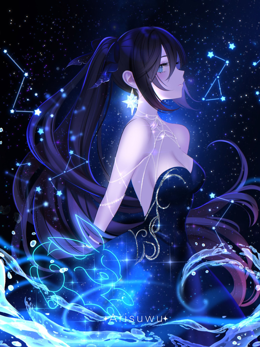 1girl 707arisu alternate_costume artist_name backless_dress backless_outfit bangs bare_shoulders black_background black_dress black_ribbon blue_background blue_eyes blush breasts cleavage constellation dress drill_hair earrings floating_hair from_side genshin_impact glowing gradient gradient_background hair_between_eyes hair_ribbon highres jewelry long_hair looking_at_viewer looking_to_the_side medium_breasts mona_(genshin_impact) profile ribbon sidelocks sideways_glance silver_chain sleeveless sleeveless_dress solo star_(symbol) star_earrings starry_background starry_sky_print strapless strapless_dress twintails very_long_hair water