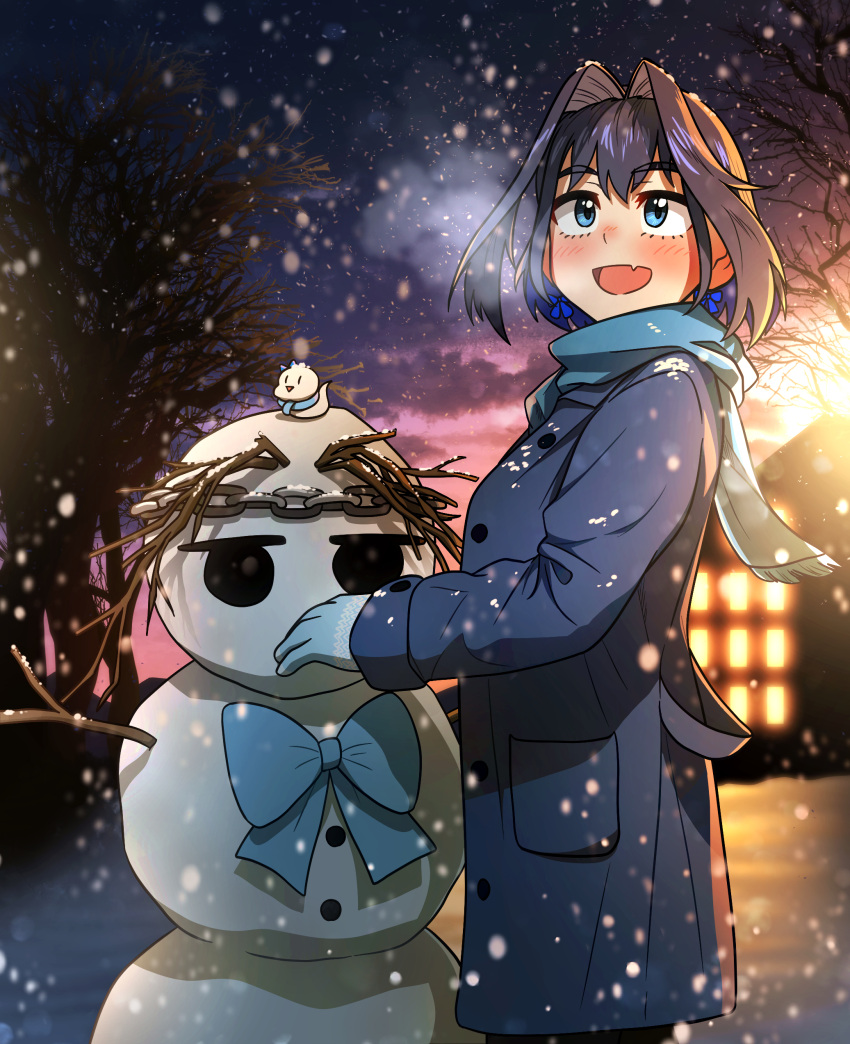 1girl :d absurdres black_hair blue_coat blue_eyes blush boros_(ouro_kronii) bow bow_earrings coat commentary ddolbang earrings english_commentary hair_between_eyes hair_intakes highres hololive hololive_english jewelry looking_up open_mouth ouro_kronii scarf short_hair smile snow snowing snowman solo virtual_youtuber